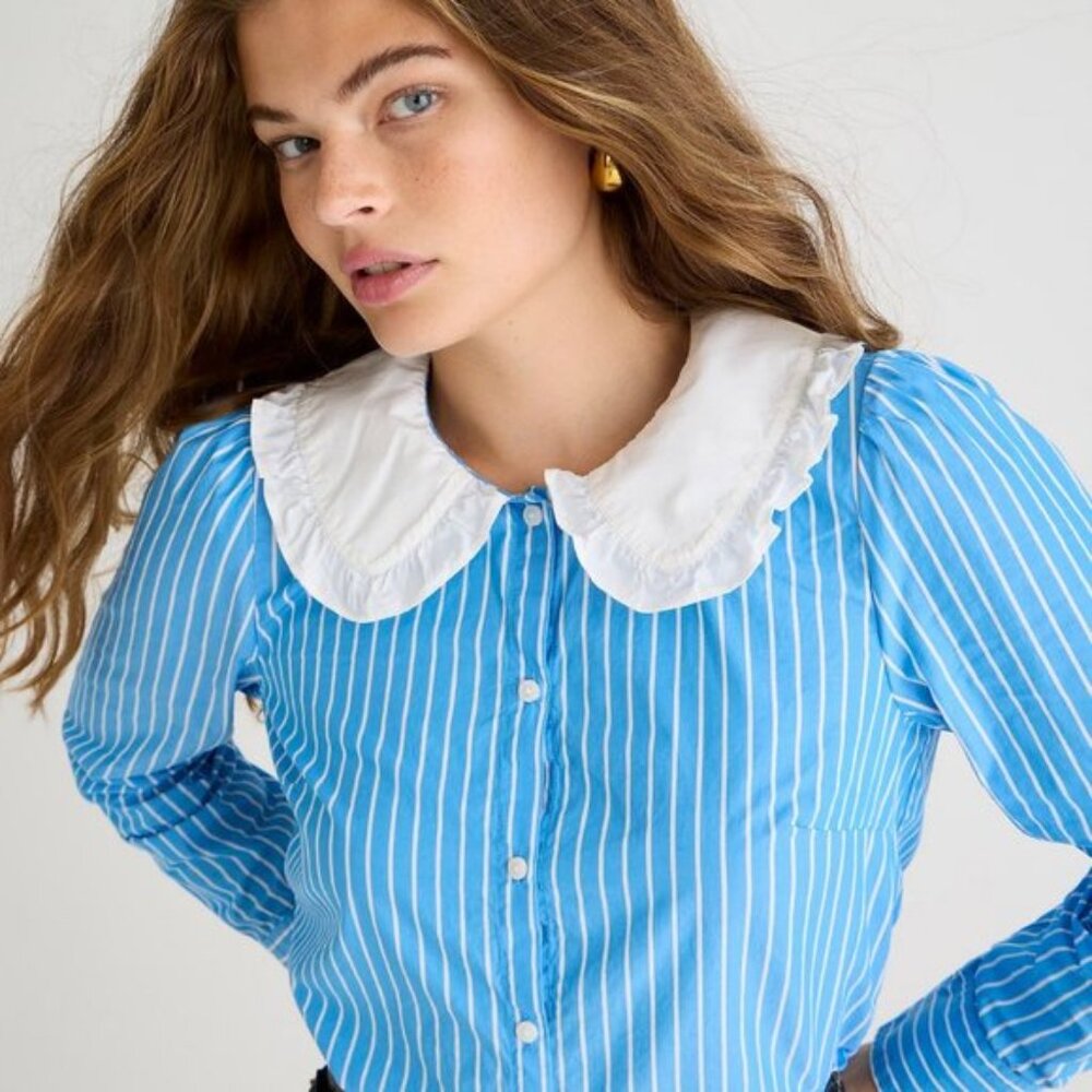 NWT J.Crew Ruffle-Collar Blue White Cotton Poplin Shirt in Stripe $118.00 Size 2
